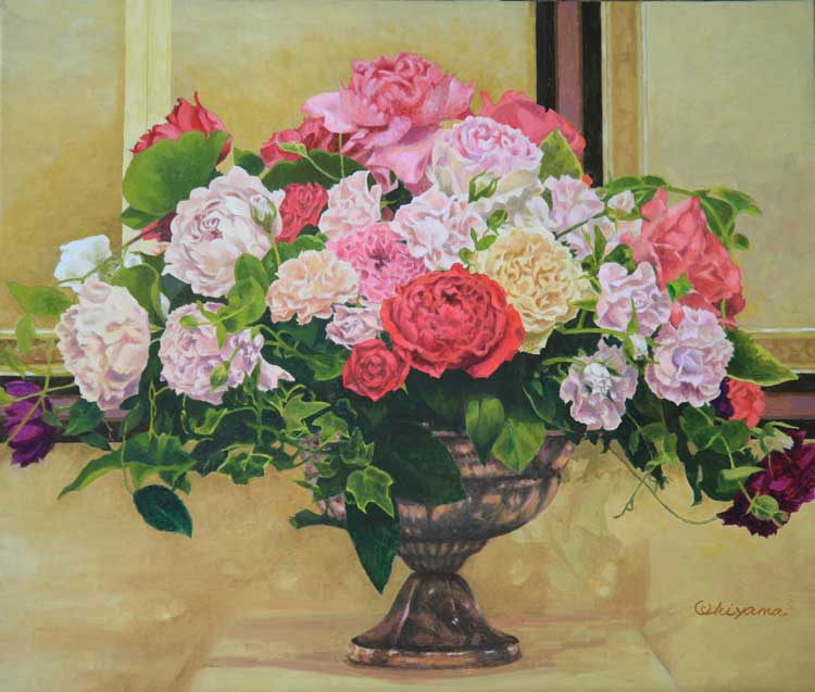 絵画　油彩「市川バラ園の薔薇」内山吉隆